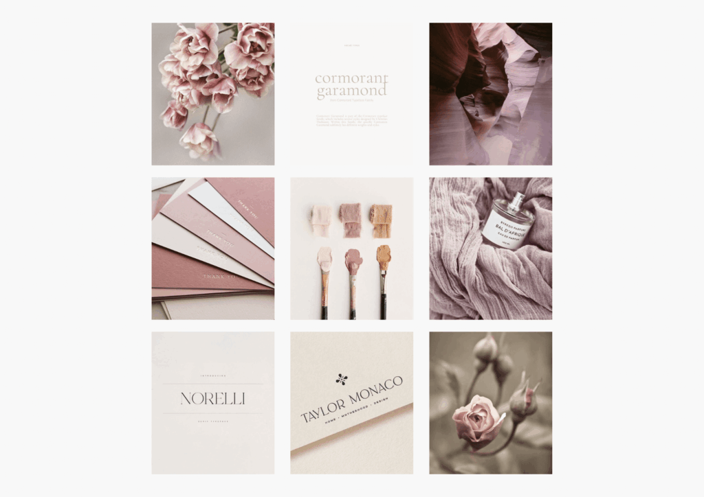 A moodboard of dusky mauve and plum for The Flower Fox Studio rebrand